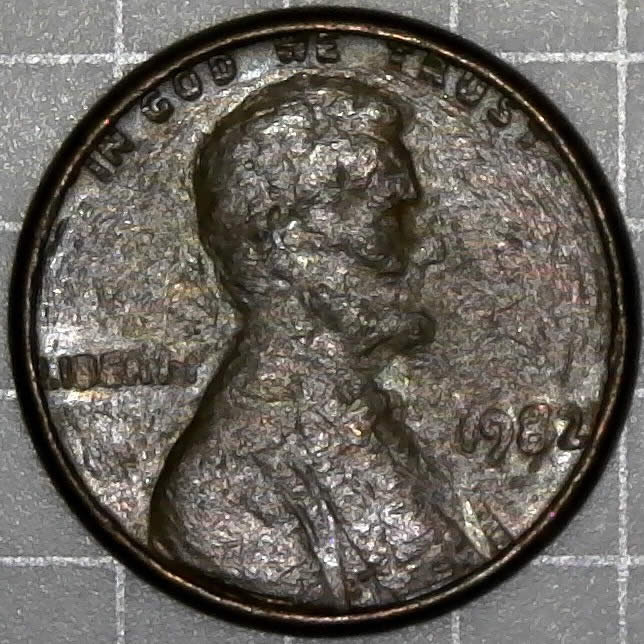 1982-P-Lincoln-Memorial-Cent-Dryer-Coin-Found-CRH-Post-Strike-Damage